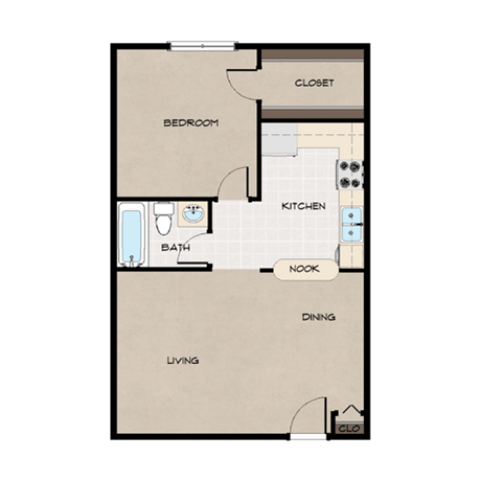 Floor plan for 1 bed, 1 bath, 640 sqft